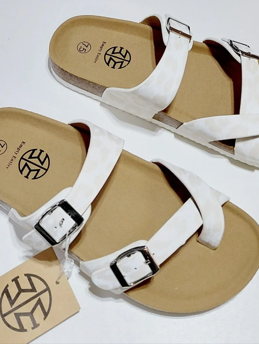 EMPTY ENTIRE Women's White Leopard Buckle Cork Sandals Size 7.5